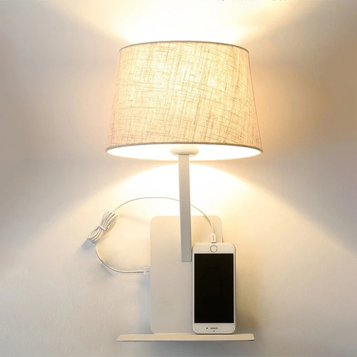 Luminaria Aplique Pared Con Conector Usb Blanco + Lampara