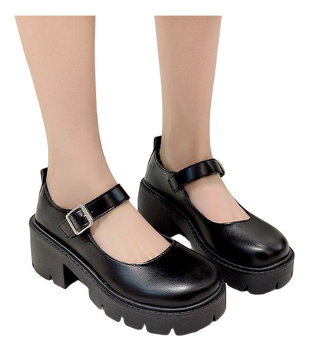 Zapatos Negros Mocasines Mujer De Tacón Grueso Suela Gruesa