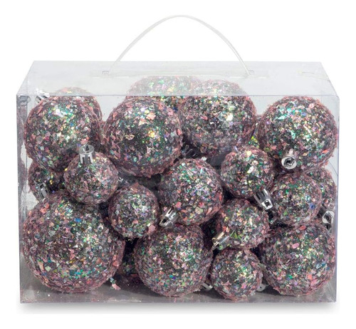 Bolas De Navidad De 4 Tamaños 34pcs. Gris Con Glitter