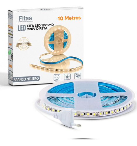 Fita Super Led Conector Direta Tomada 220v 192leds/m Rolo 10metros Cor Da Luz Branco-netro 4000k