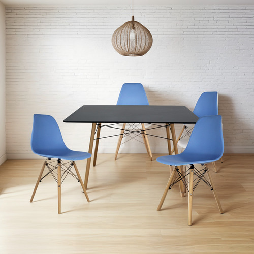Comedor Oslo Rectangular Negro Para 4 Personas Sillas Oslo Azul