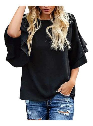 Blusa Informal Cuello Redondo Manga Acampanada Plisada Capa