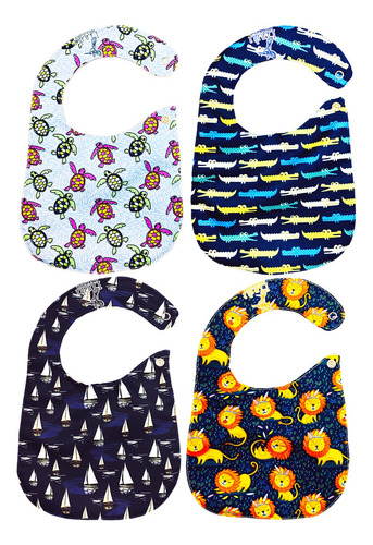 Kit 4 Baberos Para Bebé León De Algodón Impermeable Color Azul Talla Unitalla