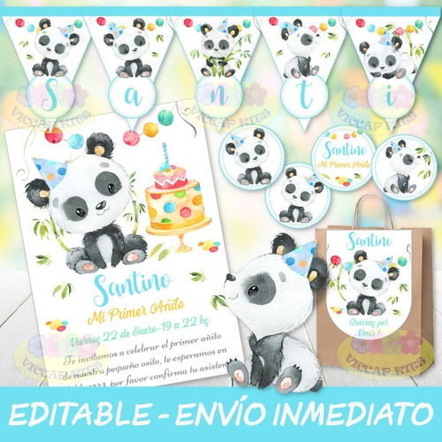 Imagen 1 de 3 de Kit Imprimible Oso Panda Nene Bambu 100% Editable Candy Bar