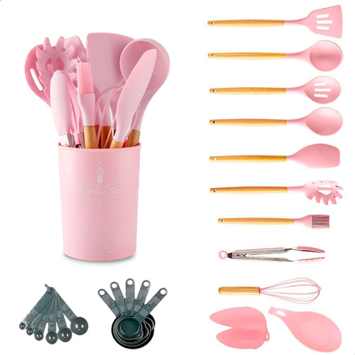 Jogo 13 Peças De Silicone/bambu Utensílios Cozinha - Madeira Cor Rosa