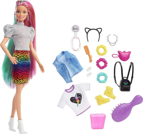 Boneca Barbie Cabelo Arco-íris Leopardo