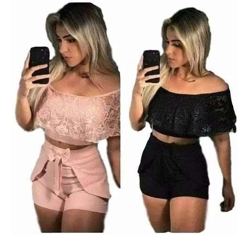 Roupas Femininas Conjunto Cropped E Short Curto Festa Renda