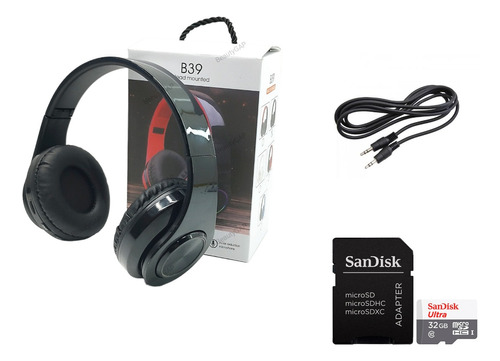 Kit de auriculares Bluetooth, cable P2, tarjeta de memoria de 32 GB, color negro, color RGB, color claro