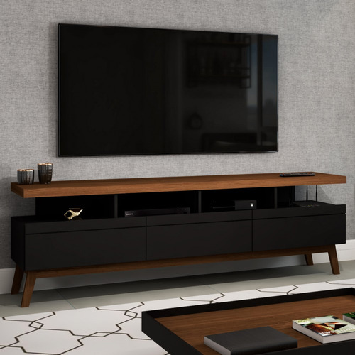 Rack Para Tv Até 70 Polegadas Street 3 Gavetas Black/freijo Panorama Móveis