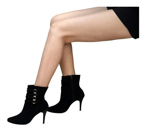 Bota Ankle Boot Salto Alto Fino Black Cadarço Cano Curto