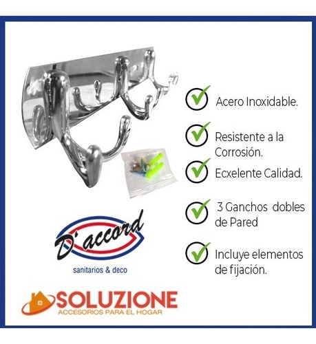 Perchero Triple De Acero Inoxidable Con 2 Ganchos Pared