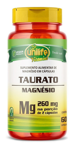 Taurato Magnésio 260mg - 60 Cápsulas - Unilife Sabor Sem sabor