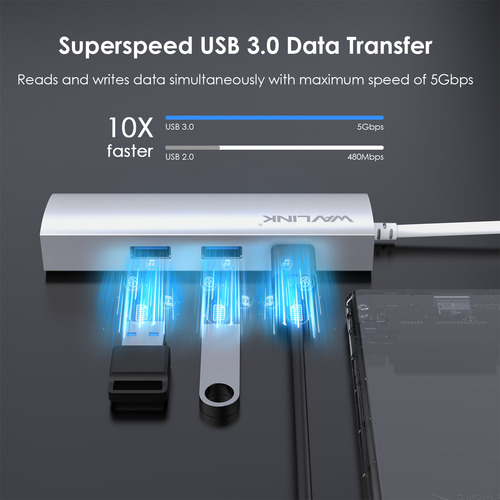 Hub Wavlink Usb 3.0 De 3 Puertos Con Adaptador Gigabit Ether