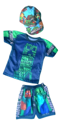 Playera Short Y Gorra Sublimada Minecraft Niños