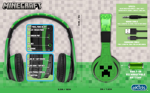 Auriculares Bluetooth Ekids Minecraft Kids Con Micrófono