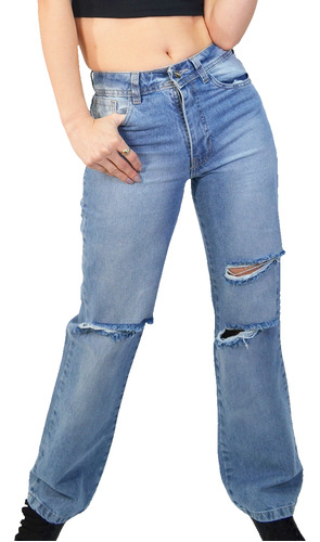 Jean Denim Mujer Pantalon Roturas Tajos Wide Leg Dia Comodo