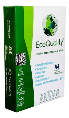 Papel Sulfite A4 Resma 500 Folhas Ecoquality 75gm Impressão Cor Branco