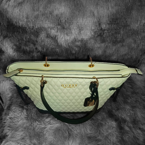 Bolsa Guess Tote, Blanco Con Negro, Original Milk Blanco Lisa Oro Negro