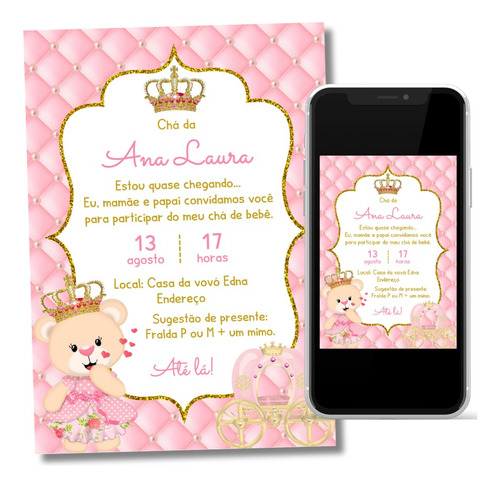 Convite Digital Chá De Bebê Ursinha Princesa 