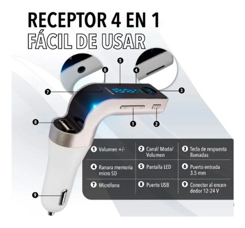 Imagen 3 de 6 de Manos Libres + Transmisor Fm + Bluetooth + Lectora Mp3 Usb