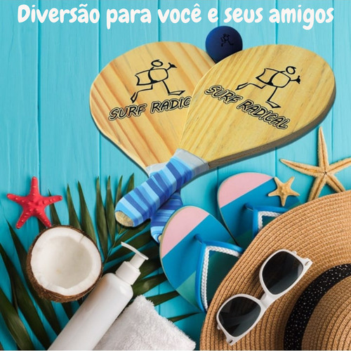 Raquete Frescobol De Madeira Com Bolinha Surf Radical Cor Palha
