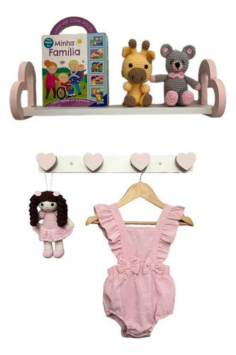 Prateleira Coração E Cabideiro Quarto Infantil 60cm - Rosa