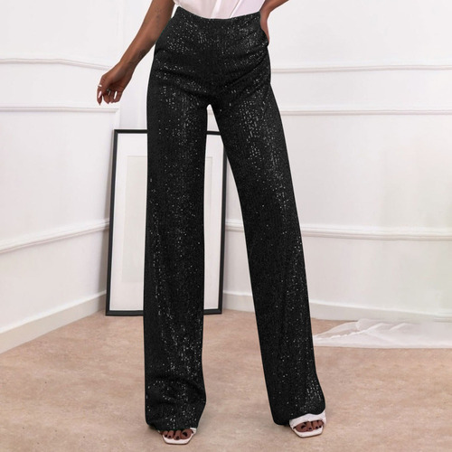 Mujer, Cintura Alta, Casual, Con Lentejuelas, Pierna Recta