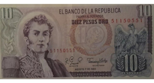 Billete 10 Pesos Colombia Año 7 Agosto 1980