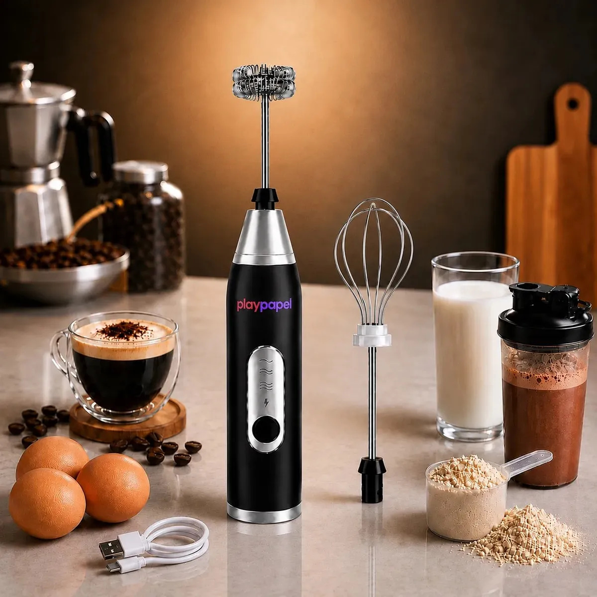 Mini Mixer Elétrico Portátil 2 Em 1 Recarregável 3 Velocidades Batedor Misturador Espumador Inox Para Café Leite Whey Shake Cappuccino Ovos Bebidas USB