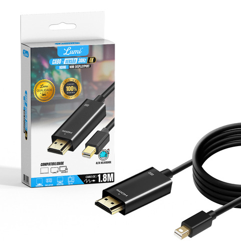 Cabo Adaptador Mini Dp Para Hdmi Macho Com 1,8m Hunderbolt Ultra Hd Mac Lumi