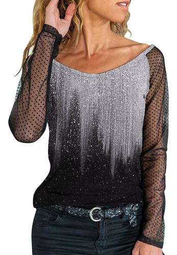 Camiseta Informal Para Mujer Malla Estampada Moda Blusa V
