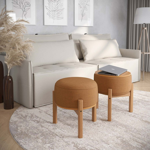 Puff Decorativo Multifuncional Com Mesa Pill Linho Terracota