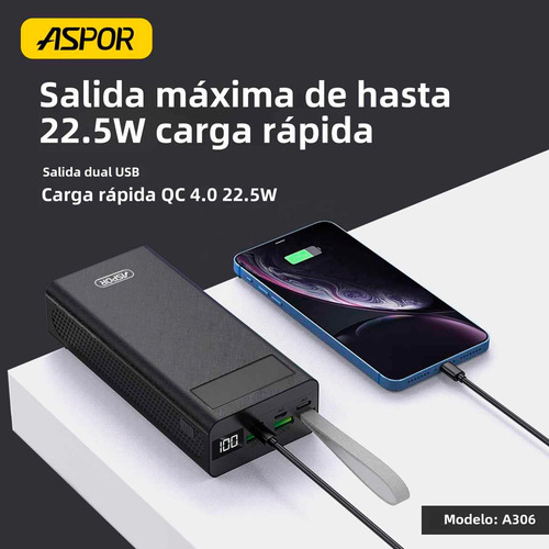 Bateria Portatil Aspor 30000mah A306 Powerbank Multipuertos