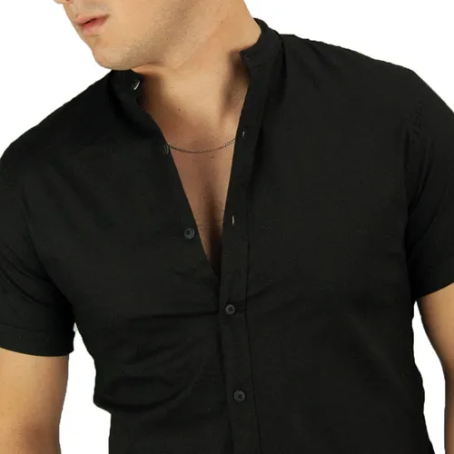 Camisa Manga Corta De Casual Cuello Mao Stretch Negra