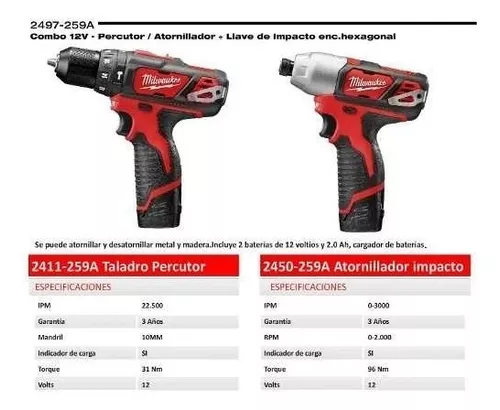 Kit Taladro Percutor Atornillador Impacto Milwaukee 12v 2497