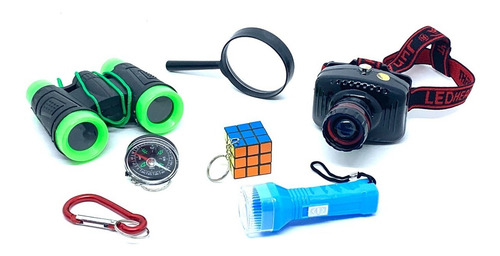 Imagem 1 de 3 de Kit Aventura Explorador Binoculo Lupa Bussola Cubo 7 Itens
