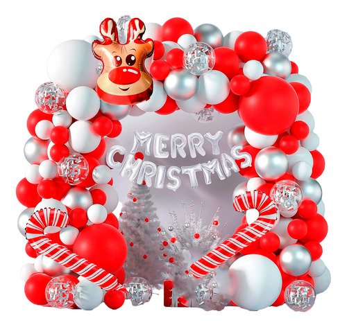 Arco Globos Decoración Kit Navidad Letras Reno Blanco Rojo