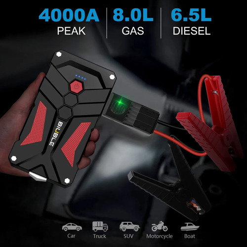 Arrancador De Batería De Auto Biuble Js001s Portátil Jump Starter 4000a Para Auto 4 a 8 Cilindros y Motos Negro/Rojo