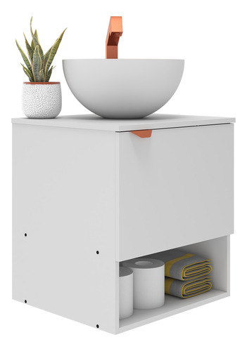 Armário Gabinete Suspenso De Banheiro Cor: Branco Com Cuba, Espelheira E Nicho Estilo Industrial Design Moderno P/ Ambientes Compactos Mod: Tex
