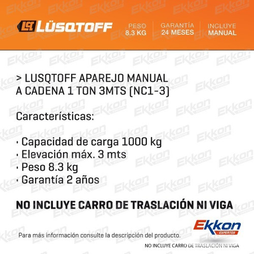 Imagen 2 de 8 de Aparejo Cadena Manual Lusqtoff 1 Tonelada 3 Mts Elevacion