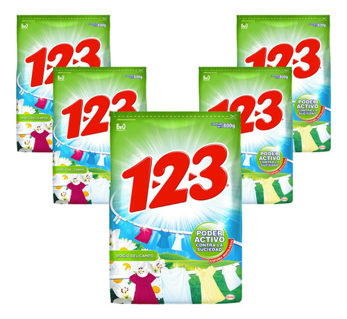 5 Pack 123 Detergente En Polvo Ropa 800 Grs