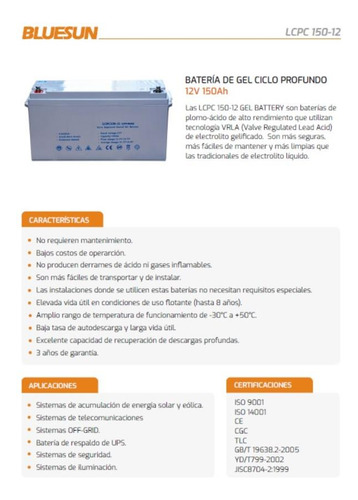 Imagen 5 de 8 de Bateria Gel Ciclo Prof Lcpc 150-12. Bluesun