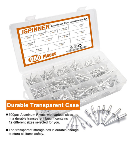 Ispinner 500pcs 12 Tamaños Remaches Ciegos De Aluminio, R...