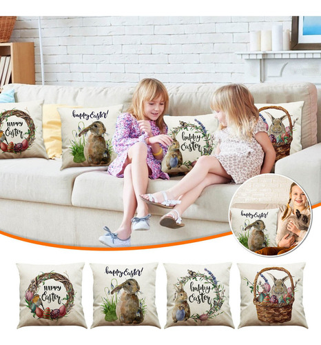 Funda De Almohada I, Día De Pascua, Lino, Conejo, Para Decor