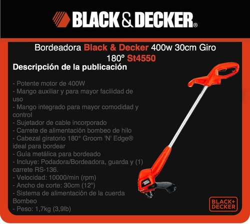 Imagen 4 de 7 de Bordeadora Electrica 400w Black Decker St4550-ar 1000 Rpm