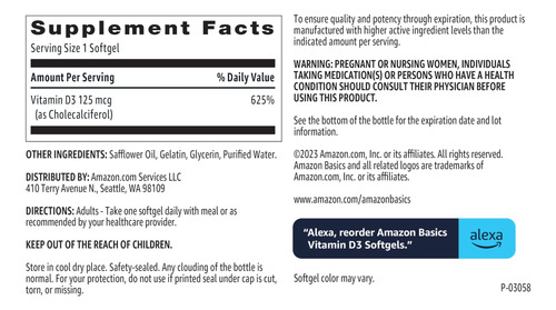Suplemento Amazon Basics De Vitamina D3 125 Mcg 60 Cápsulas