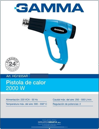 Pistola De Calor Gamma G1935ar 2000w 2 Niveles 300 A 550ºc