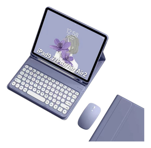 Teclado Redondo + Mouse + Capa Para iPad 6/5//air/air2 Cor Cinza Lavanda + Teclado Redondo + Mouse