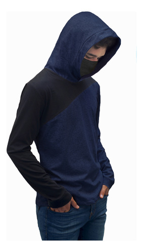 Playera Manga Larga Con Gorro Hombre Diagonal Capucha Basica