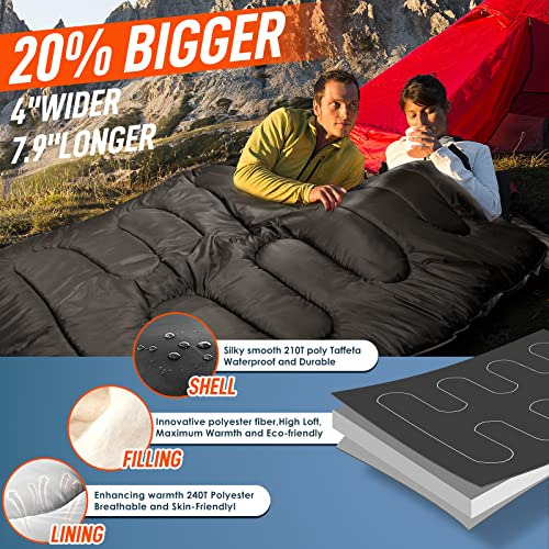 Double Sleeping Bag For Adults Mens With Pillow, Xl Que...